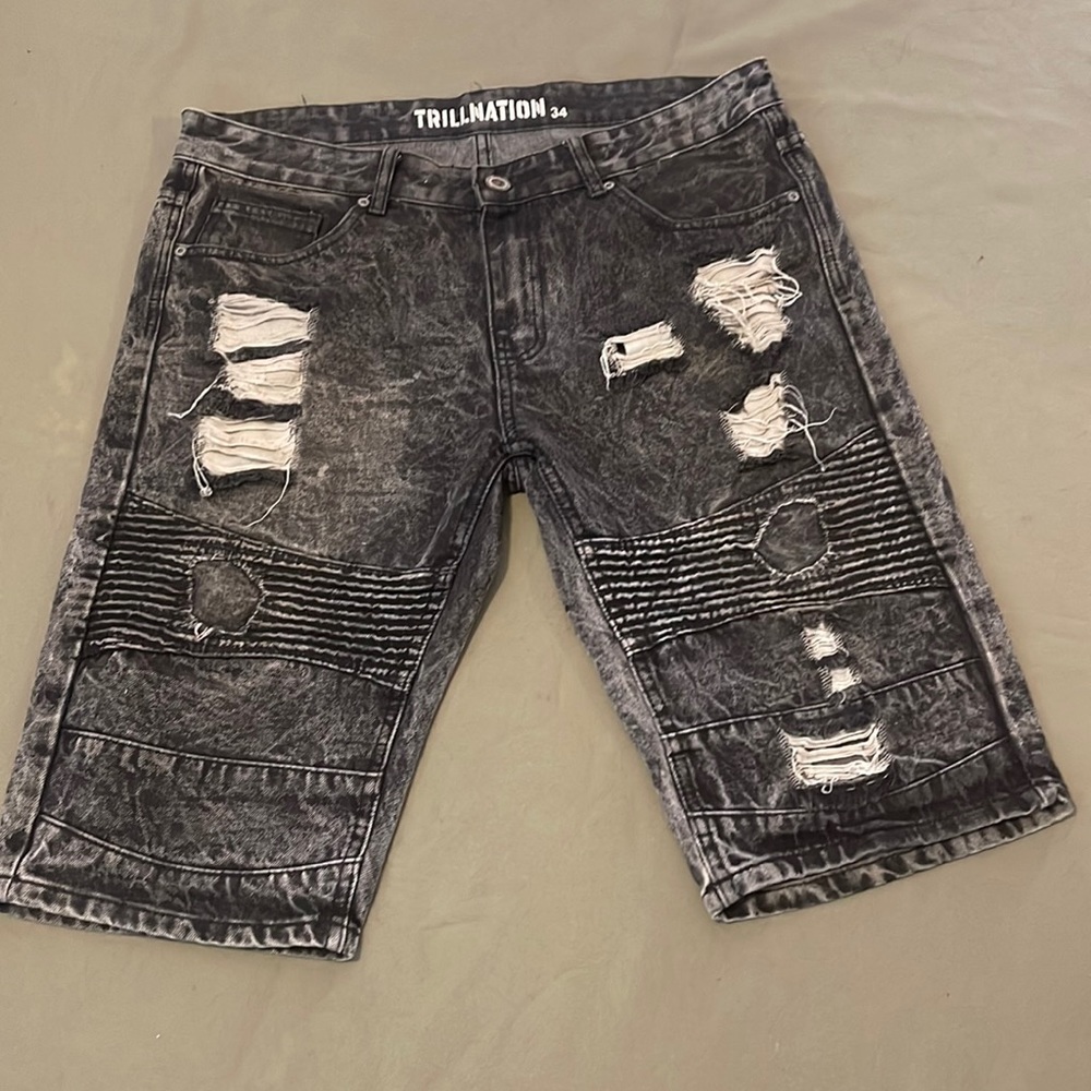 TRILLNATION  distressed, black (charcoal) color mens Shorts size 34”